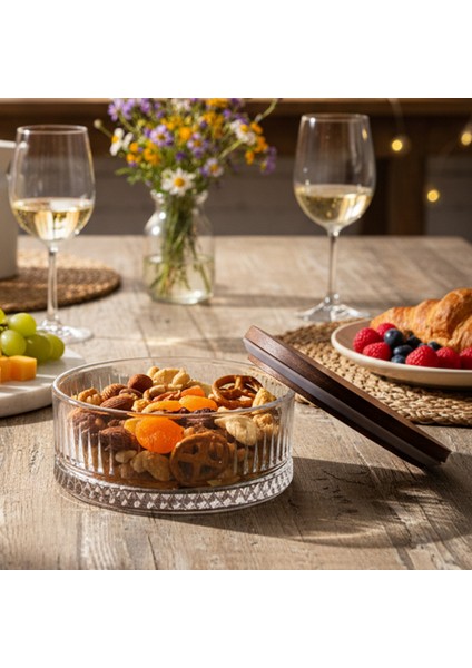 Bella Plus - Ahşap Vakumlu Kapaklı Cam Kase Çerezlik Kahvaltılık Şekerlik 510 ml fırsatları