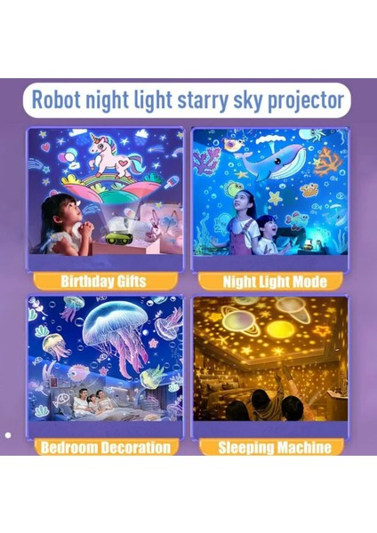 LED Gece Lambası Yıldızlı Gökyüzü Projektör Galaxy Robot Projeksiyon Lambası Müzik Çalar