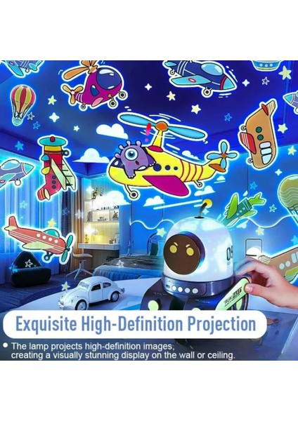 LED Gece Lambası Yıldızlı Gökyüzü Projektör Galaxy Robot Projeksiyon Lambası Müzik Çalar