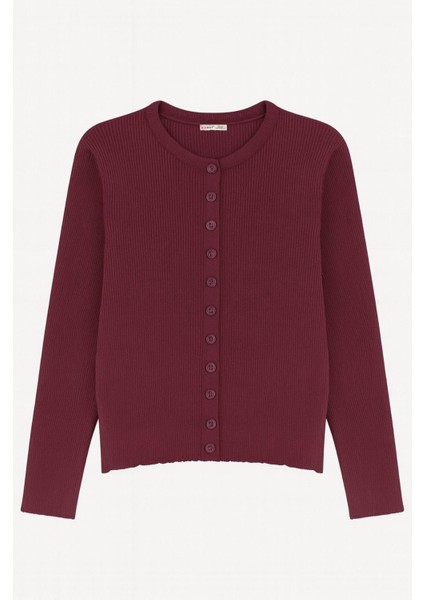 6931 Kadın Düğmeli Fitilli Triko Hırka Mürdüm