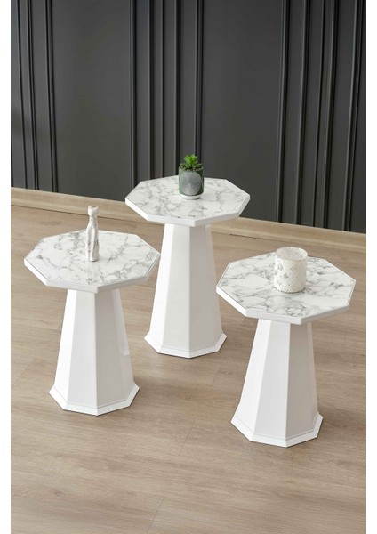 Elegance 3'lü Sehpa, Yan Sehpa, Zigon Sehpa - Beyaz & Beyaz Mermer Desenli Tabla