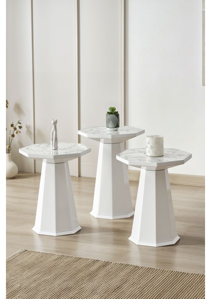 Elegance 3'lü Sehpa, Yan Sehpa, Zigon Sehpa - Beyaz & Beyaz Mermer Desenli Tabla modelleri