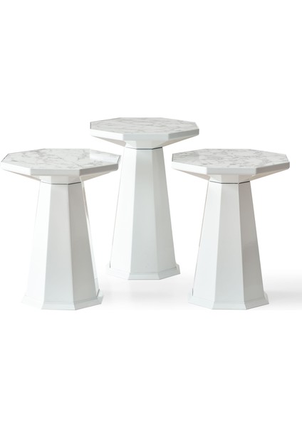 Elegance 3'lü Sehpa, Yan Sehpa, Zigon Sehpa - Beyaz & Beyaz Mermer Desenli Tabla fırsatları
