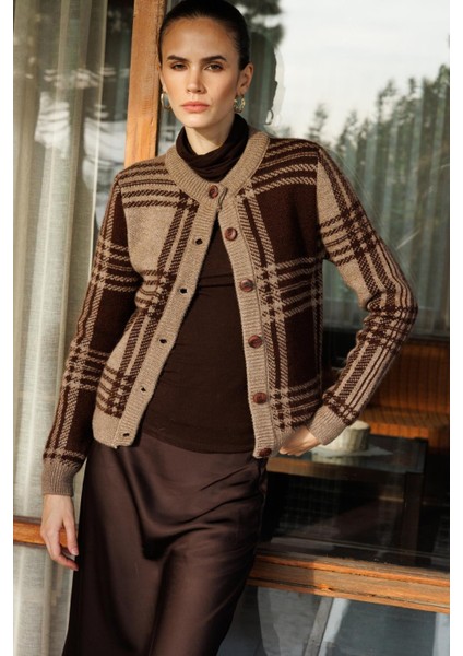 7000 Kadın Kareli Örgü Triko Hırka Vizon