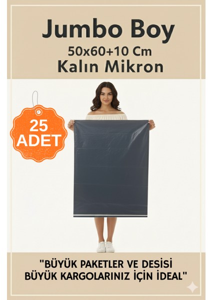 Cepsiz Gri Kargo Poşeti 50X60+10 cm 25 Adet Büyük Boy Kargo Paketleme Torbası