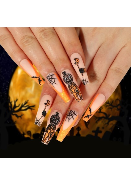 Halloween Korku Maskeli Özel Tasarım Uzun Düz Takma Tırnak Seti (24 Adet)