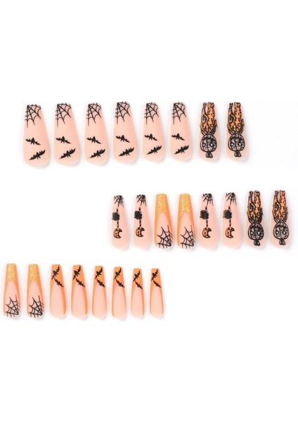 Halloween Korku Maskeli Özel Tasarım Uzun Düz Takma Tırnak Seti (24 Adet) modelleri
