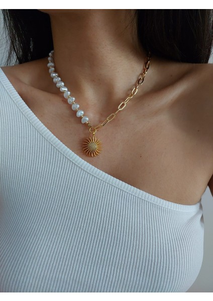 Kadın Zirkon Taşlı Incili Güneş Kolye