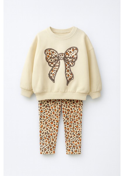 Kız Çocuk Fiyonk Detaylı Leopar Desenli Tayt 3 Iplik Takım Şardonlu 2-10 Yaş 12331
