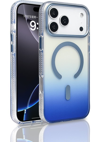 iPhone 17 Pro Max Kılıf M-Safe Şarj Özellikli Transparan Renk Geçişli Tdom Toros Kapak - Mavi