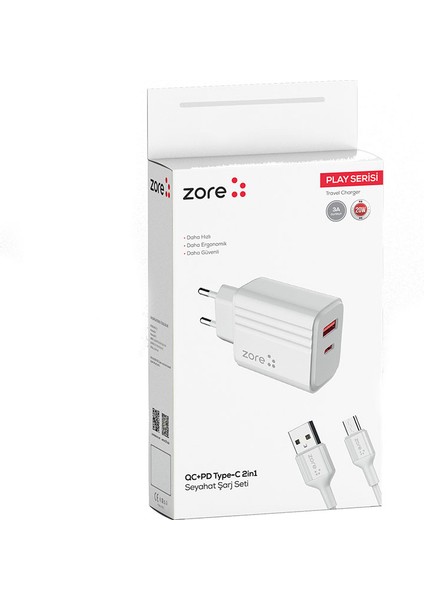​zore Play Serisi PL06 Type-C 2in1 Seyahat Şarj Aleti 20W - Beyaz