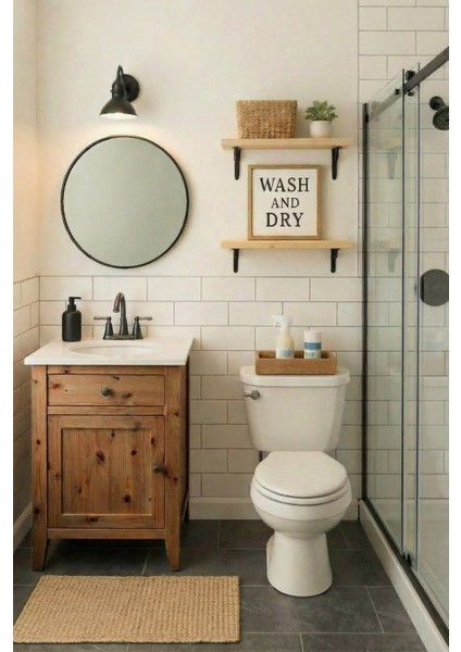 Banyo Dolabı-Ayaklı Tek Kapaklı-Doğal Ahşap Masif Ladin Çam Rustik Çeviz- 60 Cm-Çerçeveli Aynalı-Mermerit Tezgah-Gömme Lavabo