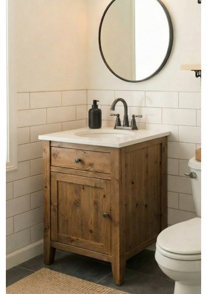 Banyo Dolabı-Ayaklı Tek Kapaklı-Doğal Ahşap Masif Ladin Çam Rustik Çeviz- 60 Cm-Çerçeveli Aynalı-Mermerit Tezgah-Gömme Lavabo fiyatları
