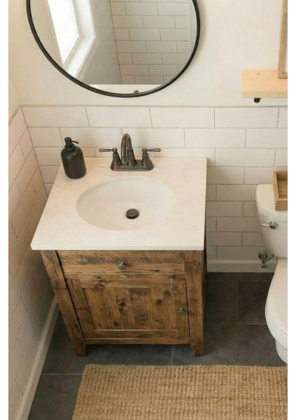Banyo Dolabı-Ayaklı Tek Kapaklı-Doğal Ahşap Masif Ladin Çam Rustik Çeviz- 60 Cm-Çerçeveli Aynalı-Mermerit Tezgah-Gömme Lavabo modelleri