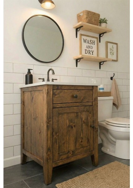 Banyo Dolabı-Ayaklı Tek Kapaklı-Doğal Ahşap Masif Ladin Çam Rustik Çeviz- 60 Cm-Çerçeveli Aynalı-Mermerit Tezgah-Gömme Lavabo fırsatları