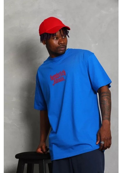 Unisex Oversize Baskılı Bisiklet Yaka T-Shirt - Mavi