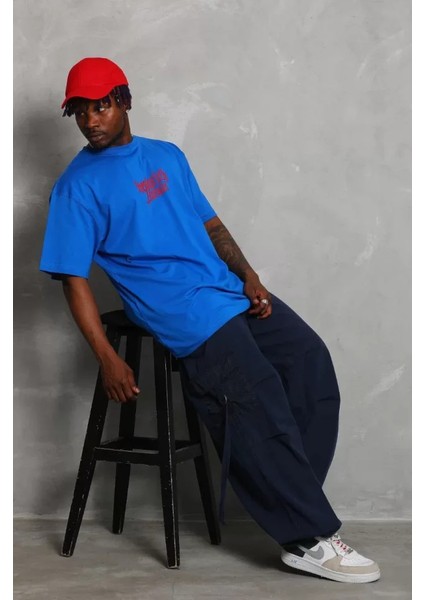 Unisex Oversize Baskılı Bisiklet Yaka T-Shirt - Mavi modelleri