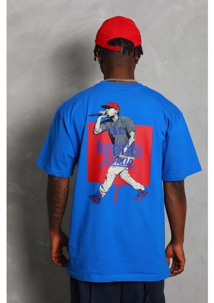 Unisex Oversize Baskılı Bisiklet Yaka T-Shirt - Mavi fırsatları