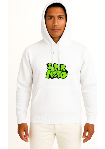 Kapüşonlu Super Moto Yeşil Göğüs Baskılı Unisex Sweatshirt