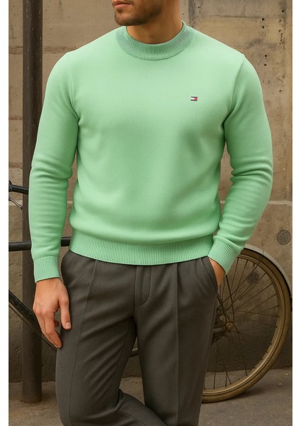 Erkek Kışlık Yarım Boğazlı Dar Basic Mint Kazak