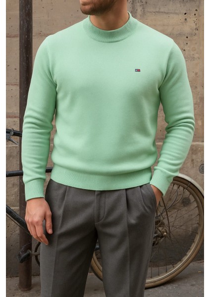 Erkek Kışlık Yarım Boğazlı Dar Basic Mint Kazak modelleri