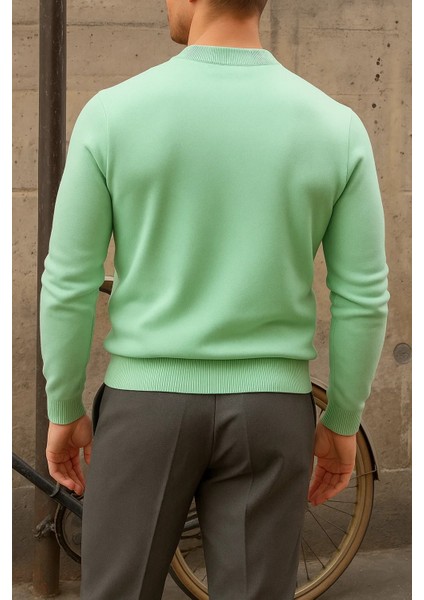 Erkek Kışlık Yarım Boğazlı Dar Basic Mint Kazak