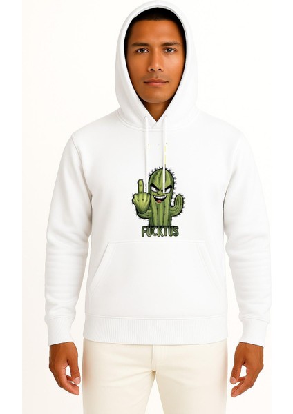 Kapüşonlu Orta Parmak Dikenli Kaktüs Göğüs Baskılı Unisex Sweatshirt