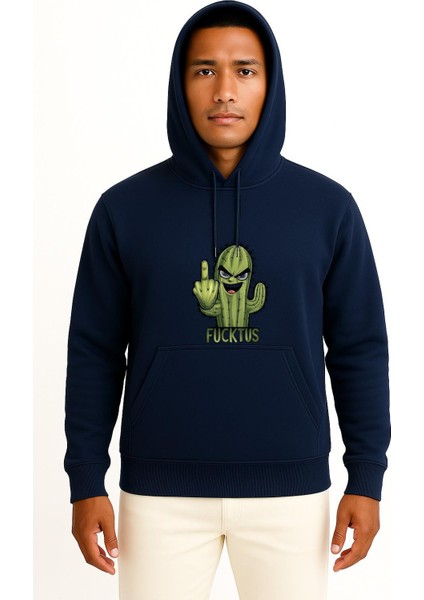 Kapüşonlu Orta Parmak Dikenli Kaktüs Göğüs Baskılı Unisex Sweatshirt
