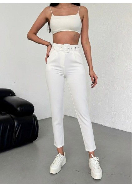 Kadın Pileli Ithal Kemerli Havuç Yüksek Bel Kumaş Pantolon