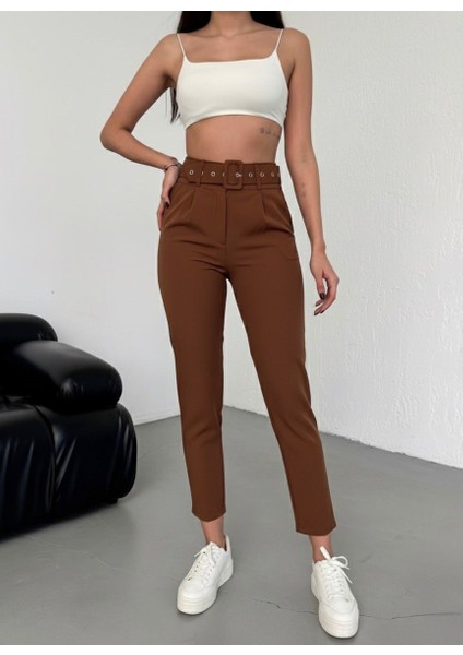 Kadın Pileli Ithal Kemerli Havuç Yüksek Bel Kumaş Pantolon