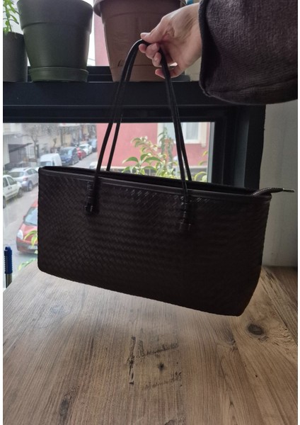 Kadın Acı Kahve Örgü Dokulu Büyük El ve Omuz Çantası modelleri