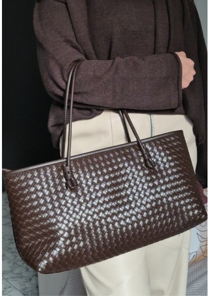 Kadın Acı Kahve Örgü Dokulu Büyük El ve Omuz Çantası fiyatları