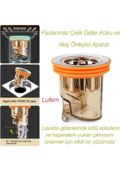 Paslanmaz Çelik Gider Koku ve Geri Akış Önleyici Aparat Hijyenik Kıl Saç Tüy Çıkma Mutfak Banyo