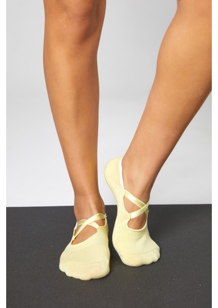 Bambu Kadın Sarı Kaydırmaz Taban Silikon Baskı Pilates Yoga Fitness Dans Aktivite Babet Çorabı 2’li modelleri