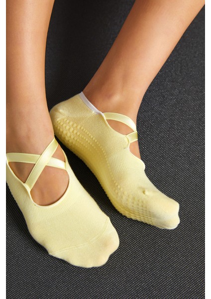 Bambu Kadın Sarı Kaydırmaz Taban Silikon Baskı Pilates Yoga Fitness Dans Aktivite Babet Çorabı 2’li fırsatları