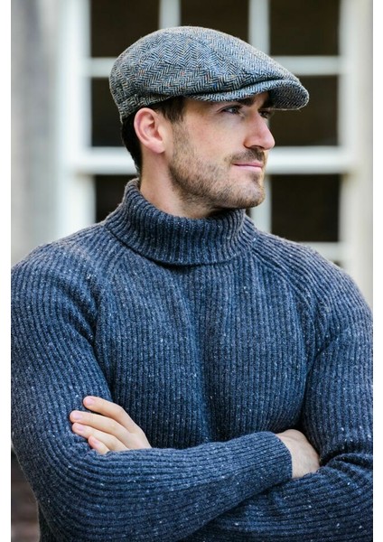 Kışlık Kaşe Şapka Yün Düz Renk Spor London Kasket -Gri Çizgili