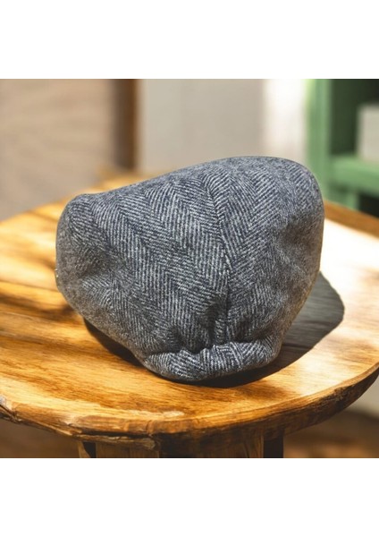 Kışlık Kaşe Şapka Yün Düz Renk Spor London Kasket -Gri Çizgili indirimleri