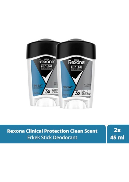 Men Clinical Protection Erkek Stick Deodorant Clean Scent 3x Güçlü Koruma 45 ml X2