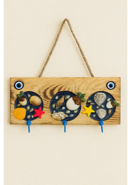 Doğal Ahşap 3’lü Deniz Kabuklu Nazar Boncuklu Askılık ve Anahtarlık Seti