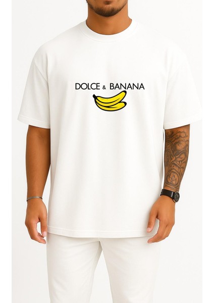 Oversize Dolce Banana Göğüs Baskılı Unisex T-Shirt