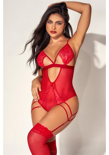 Özel Tasarım Kırmızı Tül Dantel Detaylı Fantezı Body Jartıyer Takım