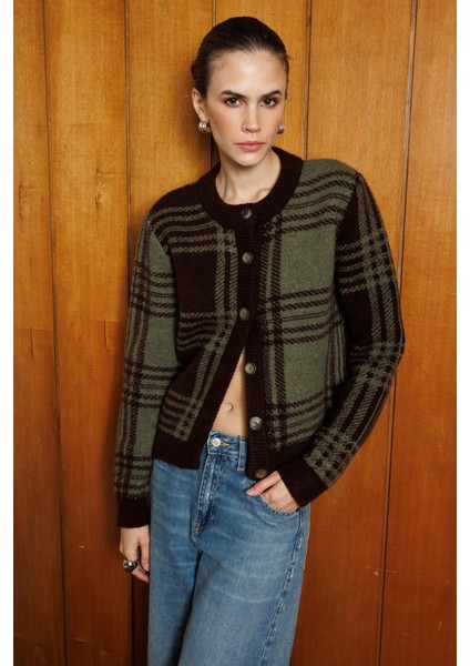 7000 Kadın Kareli Örgü Triko Hırka Kahve indirimleri