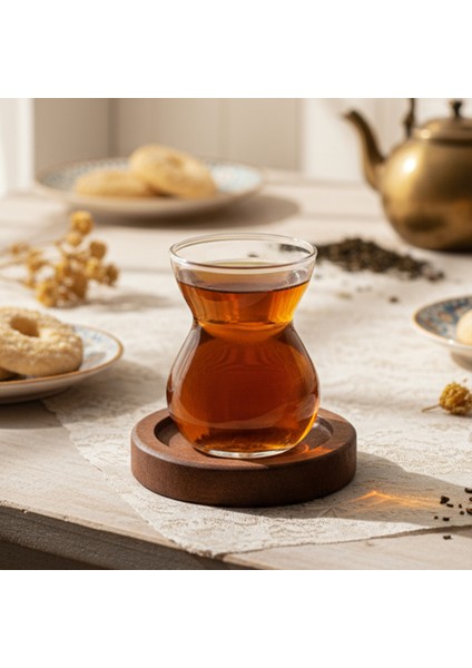 Lace - 12 Parça Cam Çay Seti Cam Çay Bardağı Ahşap Altlıklı Cam 6'lı Çay Takımı