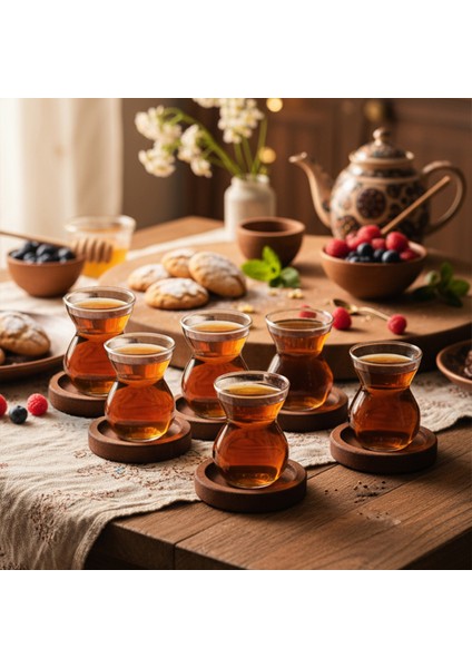 Lace - 12 Parça Cam Çay Seti Cam Çay Bardağı Ahşap Altlıklı Cam 6'lı Çay Takımı fırsatları