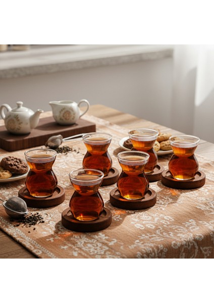 Lace - 12 Parça Cam Çay Seti Cam Çay Bardağı Ahşap Altlıklı Cam 6'lı Çay Takımı indirimleri