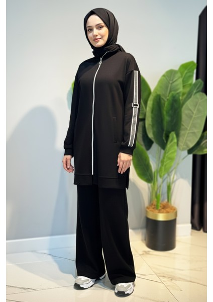 Kolları Şerit Kemer Detay Tunikli Pantolon Takım 2119 Siyah