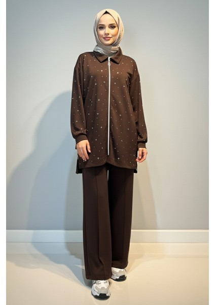 Zımba Detay Tunik Pantolon Takım 2121 Kahverengi