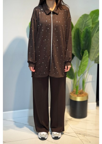 Zımba Detay Tunik Pantolon Takım 2121 Kahverengi modelleri