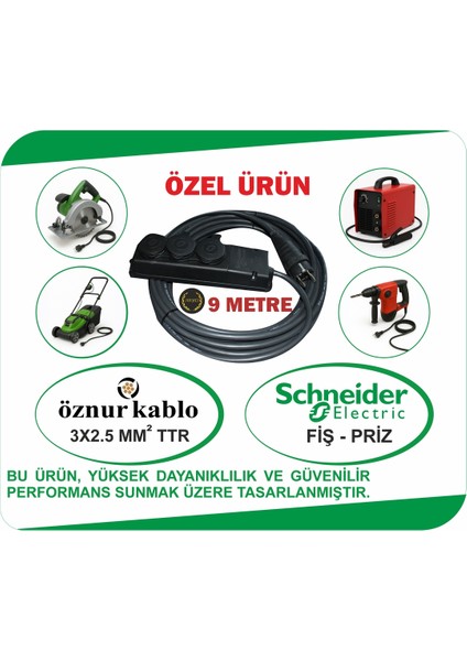 3x2.5mm Ttr 9m Kablolu Schneider 3’lü Priz – Güçlü ve Güvenli Uzatma Kablosu