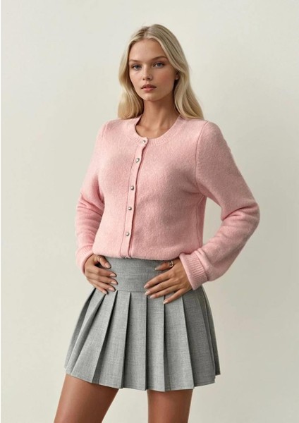 Bisiklet Yaka Pembe Yumuşak Kadın Hırka